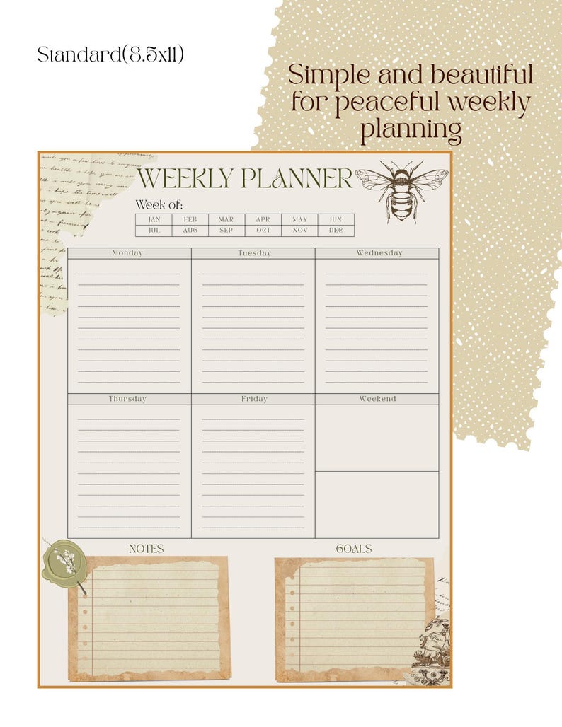 Vintage Paper Weekly Planner Printable | A5, Letter & Passport Sizes ...