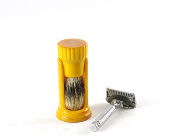 Vintage Bakelite Shaving Brush and Holder, Ever Ready Shaving Brush with Natural Bristles, Butterscotch Bakelite, Badger Bristle Brush
