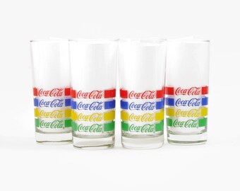 1980s Rainbow Stripe Coca Cola High Ball Glasses, Vintage Coke Tumbler, Set of 4