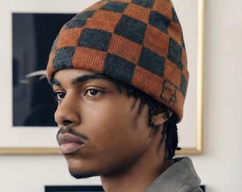 Checkerboard Knit Beanie for Men & Women, Slouchy Checkered Beanie Hat, Retro 90s Streetwear Skull Cap, Soft Graphic Knit Cap, Gift