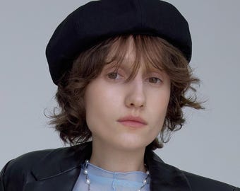 Black Cotton Beret for Women & Men, French Style Artist Hat, Minimalist Black Flat Cap, All Season Soft Cotton Beret, Retro Streetwear Gift