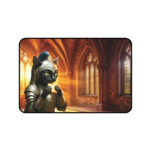May include: A rectangular mousepad featuring a black cat in knight's armor, holding a piece of bread. The cat has yellow eyes and a helmet with a blue plume. The background shows a cathedral interior with arched windows and warm lighting.