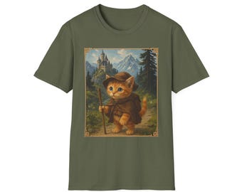 May include: Olive green t-shirt featuring a framed illustration of a ginger kitten dressed as a traveler, wearing a hat and cloak, holding a staff, with a castle and mountains in the background.