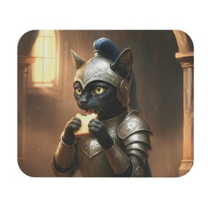 May include: A black cat wearing silver knight armor and helmet, eating a piece of bread. The cat has yellow eyes and blue hair. The background is a dimly lit room with a window.