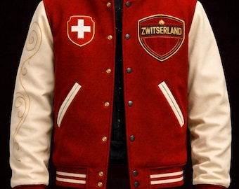 LumaFonds Nation Series Switzerland Crest Varsity Jacket — Leather Sleeves