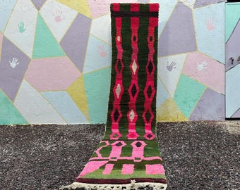 Amizing runner Green And Pink-Moroccan runner rug -Custom Beni Ourain Runner rug_ Pink runner rug - Hallway runner Morrocan-Soft Wool runner