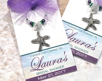 10pc Starfish Wine Charm Favors, Beach Wedding Favors, Beach Bridal Shower, Beach Birthday, Purple Personalized Favor Tags, Beach Theme Gift