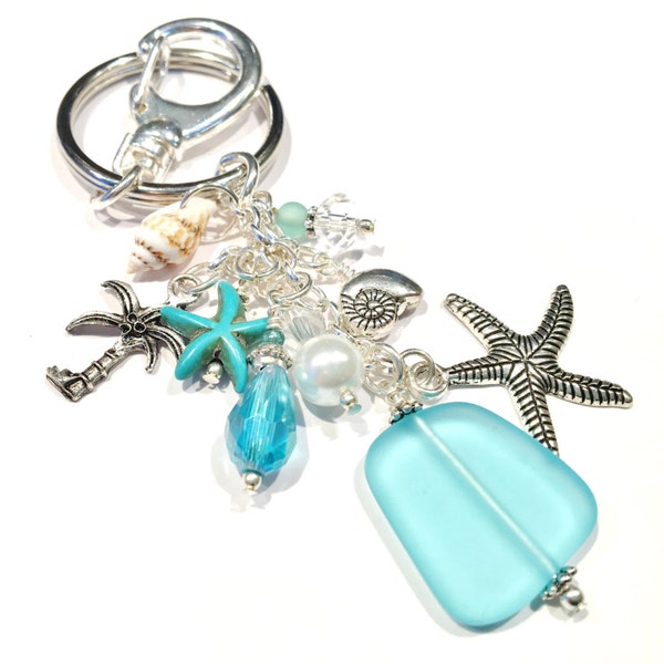 Starfish Keychain, Sea Glass Keychain, Beach Keychain, Beach Wedding Favors, Beach Lovers Gift, Tropical Gifts, Ocean Lover Gift Womens Gift