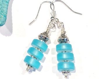 Turquoise Dangle Earrings, Geometric Earrings, Sea Glass Circle Earrings, Sea Glass Earrings, Disc Earrings, Beach Glass Earrings