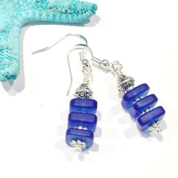 Cobalt Blue Sea Glass Earrings, Geometric Earrings, Sea Glass Square Earrings, Modern Earrings, Beach Glass Earrings, Dangle Earrings