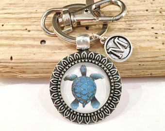 Sea Turtle Keychain, Sea Turtle Key Chain, Sea Turtle Gifts, Initial Keyring, Cabochon Keychain, Personalized Sea Life Gifts, Turtle Lovers