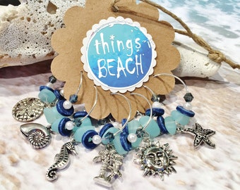 SEA GLASS BEADS. beach themed Tropical Vacation Gift for Island Beach Getaway Set of 8 Summer by the Sea Caribbean Beach Themed Wine Charms SEA GLASS BEADS. beach themed Tropical Vacation Gift for Island Beach Getaway Set of 8 Summer by the Sea Caribbean Beach Themed Wine Charms