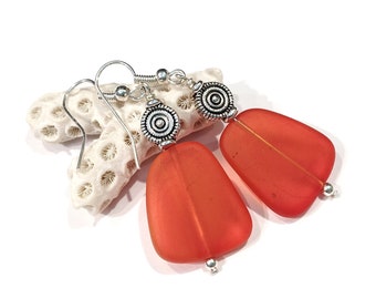Orange Sea Glass Earrings, Orange Beach Glass Earrings Orange Dangle Earrings, Orange Sea Glass Jewelry Earring Beach Jewelry Beach Earrings