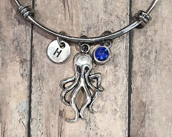 Octopus Bangle, Octopus Charm Bracelet Silver Octopus Bracelet Initial Bangle Bracelet Personalized Sea Creature Jewelry, Cephalopod Jewelry