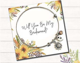 Bridesmaid Proposal Gift, Sunflower Proposal Gift, Personalized Sunflower Jewelry, Sunflower Bracelet, Proposal Bangle, Initial Bracelet