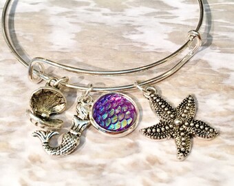 Mermaid Bangle, Mermaid Bracelet, Mermaid Jewelry, Mermaid Gift, Mermaid Lover Gift, Beach Bangle, Starfish Bangle Shell Bangle Personalized