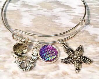 Mermaid Bangle, Starfish Bangle, Mermaid Jewelry, Starfish Jewelry, Personalized Mermaid Gifts for Girls, Mermaid Lover Gifts for Her