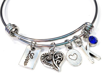 Love Bangle, Heart Bangle, Filigree Heart Charm Bracelet, Personalized Initial Bracelet, Mothers Day Bracelet, Girlfriend Gift Daughter Gift