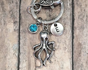 Octopus Keychain, Initial Key Ring, Silver Octopus Charm Keychain, Sea Life Gift for Her, Sea Creature Gifts, Kraken Keychain Personalized