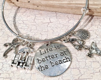 Personalized Beach Bangle Bracelet Beach Charm Bracelet Beach Jewelry Life Is Better At The Beach Beach Lovers Bracelet, Beach Lovers Gift,