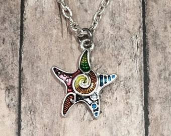 Starfish Pendant Necklace Starfish Necklace Silver Starfish Jewelry Starfish Gift Enamel Charm Necklace Beach Themed Jewelry, Beach Necklace