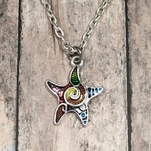 Starfish Pendant Necklace Starfish Necklace Silver Starfish Jewelry Starfish Gift Enamel Charm Necklace Beach Themed Jewelry, Beach Necklace