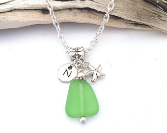 Green Sea Glass Necklace, Beach Glass Necklace, Seaglass Necklace, Beach Lover Gift for Her, Initial Necklace, Starfish Charm Necklace