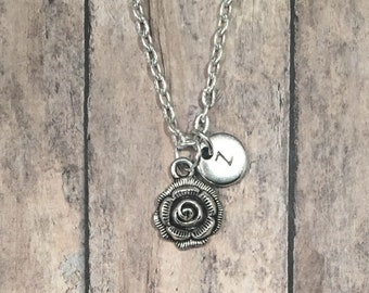 Silver Rose Necklace, Rose Pendant Necklace for Women, Rose Charm Necklace, Personalized Rose Necklace With Initial, Rose Pendant Silver