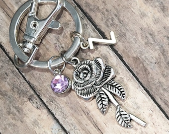 Rose Initial Keychain, Rose Keychain, Rose Charm, Rose Gift for Her, Flower Keychain, Personalized Keychain for Women, Initial Key Ring