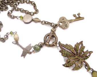 Fall Leaf Necklace, Green Leaf Necklace, Crystal Leaf Pendant, Maple Leaf Pendant, Necklace, Green Crystal Leaf Necklace Leaf Charm Necklace