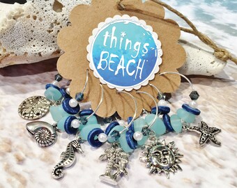 6 Wine Glass Favors, Tropical Wine Charms, Barware, Wine Lover Gifts, Nautilus Shell, Starfish, Palm Tree, Seahorse, Sand Dollar, Sun Charms