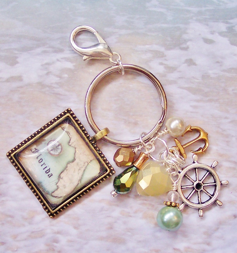 Nautical Key Holder Florida Map Nautical Key Chain Ocean Gifts Purse Charm Car Accessories Bag Charm Nautical Gifts Florida Keychain
