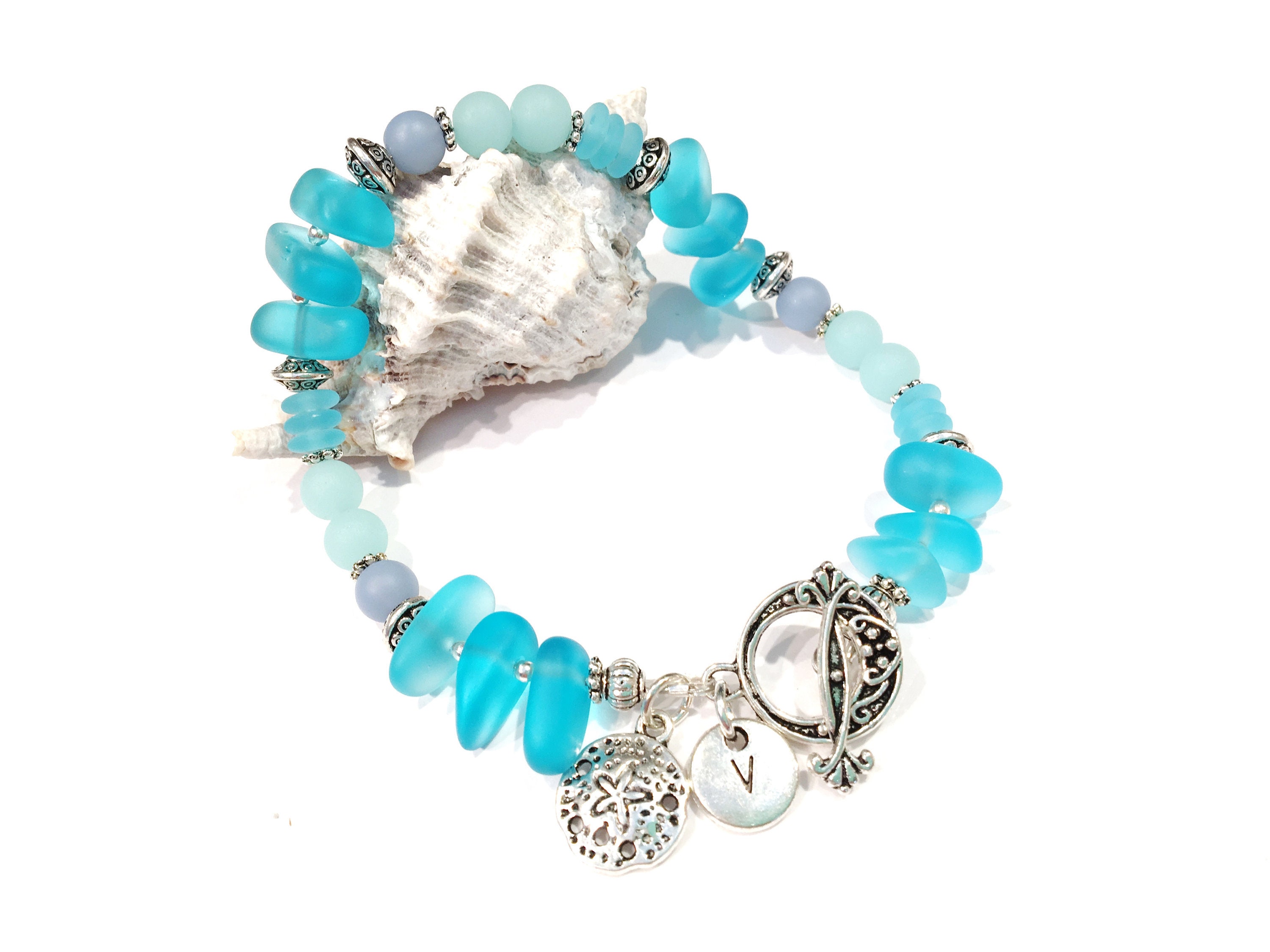 Turquoise Sea Glass Bracelet Aqua Sea Glass Jewelry Beach | Etsy