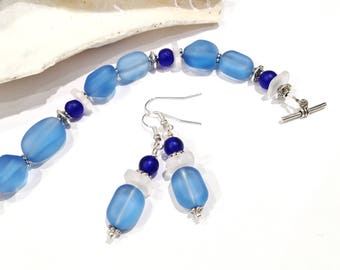 Blue Sea Glass Earrings and Bracelet Set, Sea Glass Jewelry Sets, Blue Sea Glass Bracelet, Handmade Bracelet, Handmade Jewelry, Gift for Her