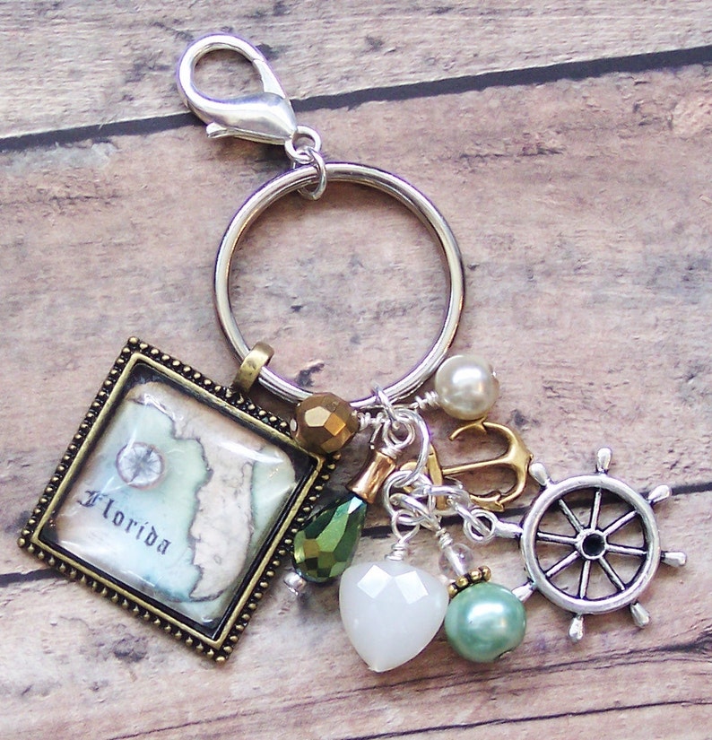 Nautical Key Holder Florida Map Nautical Key Chain Ocean Gifts Purse Charm Car Accessories Bag Charm Nautical Gifts Florida Keychain