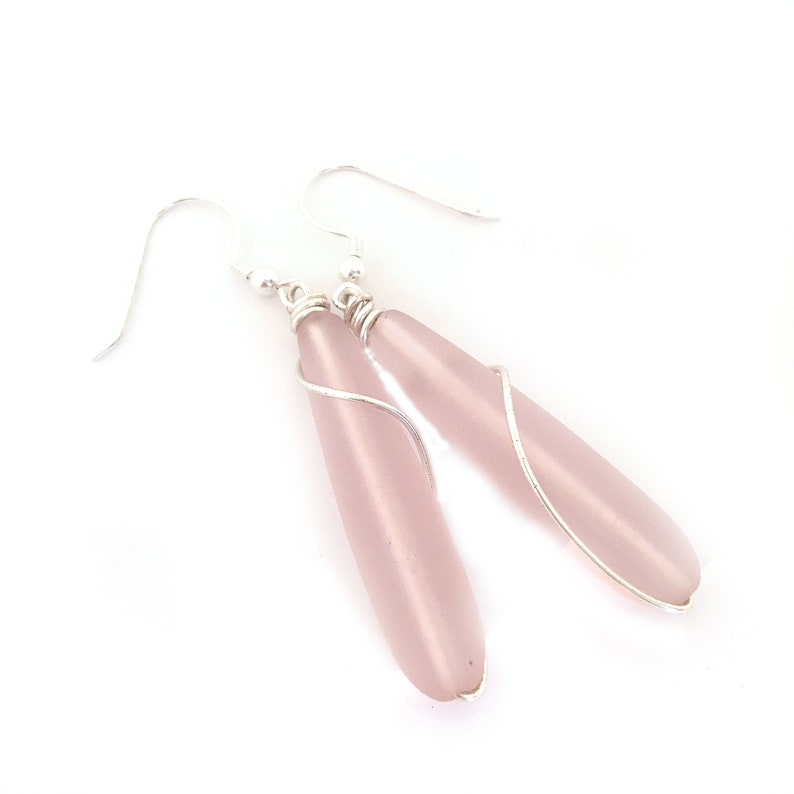 Pink Sea Glass Earrings, Pink Teardrop Earrings, Wire Wrapped Earrings, Sea Glass Jewelry for Women Beach Lover Gift Dangle Earrings for Her image 2