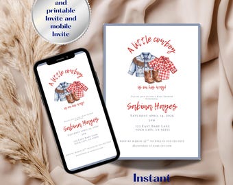 Little Cowboy Baby Shower Invitation, Western Rodeo Theme (Digital Download)