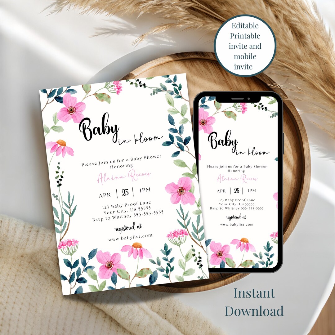 Spring Invitations Bloom Baby in Bloom Invite, Printable and Mobile Invitation, Editable Canva ...