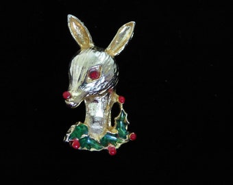 Vintage Deer Head with Holly Brooch