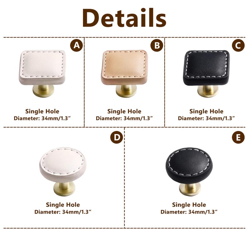 Może przedstawiać: Zdjęcie przedstawia pięć r&oacute;żnych gałek do szafek w kolorach: białym, beżowym i czarnym. Każda gałka ma wygląd sk&oacute;ry i jest zamontowana na złotej podstawie. Średnica wynosi 34 mm (1,3 cala). U g&oacute;ry znajduje się napis "Details".