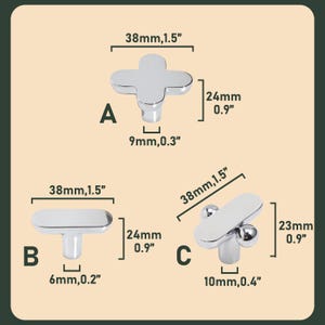 May include: Three different chrome-finished cabinet knobs are displayed. Knob A is cross-shaped, measuring 1.5 inches wide and 0.9 inches high. Knob B is a rectangular bar, 1.5 inches wide and 0.9 inches high. Knob C has a bar with two spheres, 1.5 inches wide and 0.9 inches high.