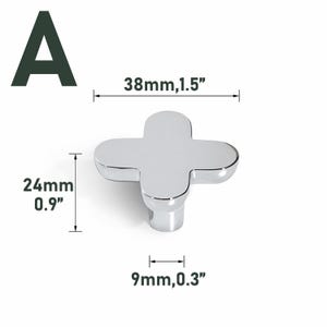 May include: A chrome-finished cabinet knob in a four-leaf clover shape. The knob measures 1.5 inches wide, 0.9 inches high, and 0.3 inches in diameter. The letter "A" is in the upper left corner.