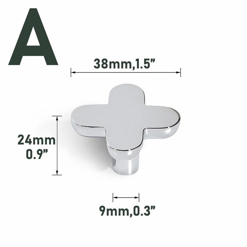 May include: A chrome-finished cabinet knob in a four-leaf clover shape. The knob measures 1.5 inches wide, 0.9 inches high, and 0.3 inches in diameter. The letter "A" is in the upper left corner.