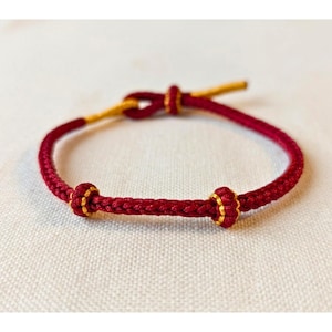 Red Tibetan Bracelet, Adjustable Woven Cord with Gold Accents