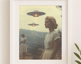 Vintage UFO Print – 1950s Sci-Fi Alien Abduction Poster (Digital Download)