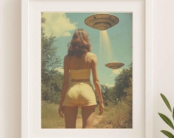 Lámina retro de ciencia ficción con temática OVNI – Ilustración de abducción alienígena de los años 70 (Descarga digital)