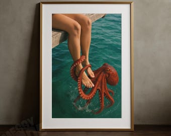 Digitale download kustmuurkunst – Octopus and Feet surrealistische poster, oceaanpop-print