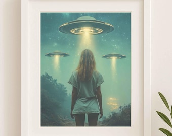 Alien Encounter Wall Art Digital Download – Sci-Fi UFO Abduction Poster, Dreamscape Print