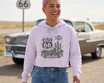 Route 66 Road Sign Desert Illustration Crop Hoodie | 100th Anniversary 1926-2026