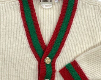 Vintage Kids Wool Blend Cardigan Sweater SZ 6 Hilwin Cream Green Red Gold Button
